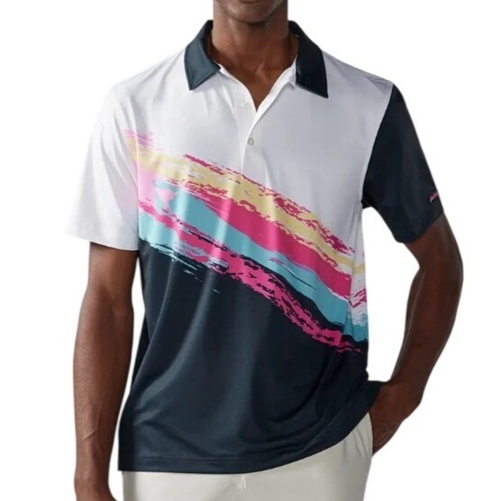 NEW Chubbies Performance Polo Men Large Black White The Tennis Champ 90s Print
